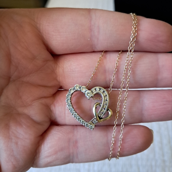 Vintage Sterling Silver & 10K Yellow Gold Double Heart Pendant Graduated Stones - Picture 4 of 10